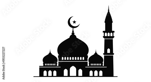 A striking black silhouette depicts a traditional islamic mosque with a crescent moon silhouette high quality professional detailed