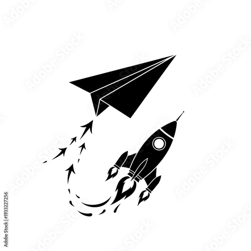 A black and white illustration of a paper airplane launching a rocket