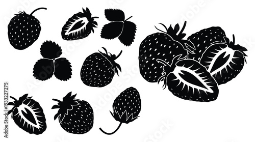 Strawberries and leaves silhouette isolated on transparent background for summer