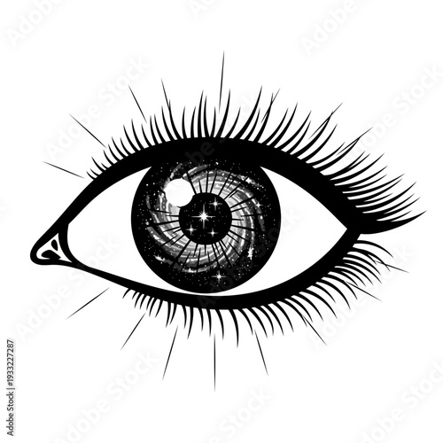 A detailed illustration of a human eye with long eyelashes