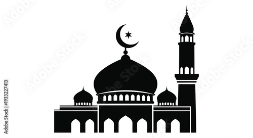 A striking black silhouette of a traditional mosque with a crescent moon and star silhouette high quality professional