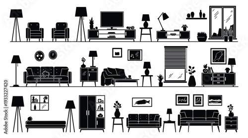 Living room interior elements silhouettes collection for home staging concepts