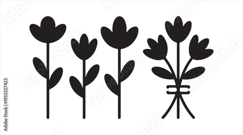 Black flower silhouettes collection for decoration botanical and nature design projects