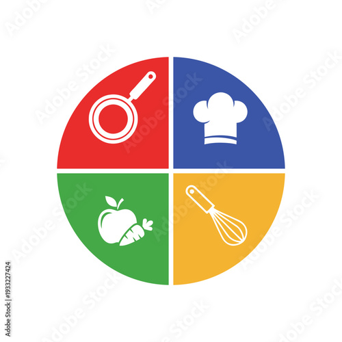Kitchen icons set in colorful circle including frying pan chef hat whisk and fresh fruits for culinary branding restaurant logo healthy eating concepts and cooking school business