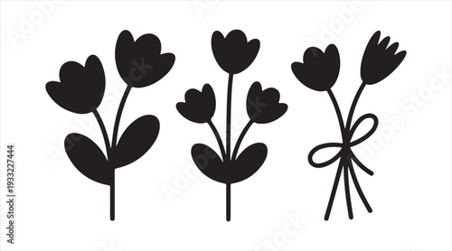 Minimal floral silhouette set with blooming flowers and stems botanical illustration