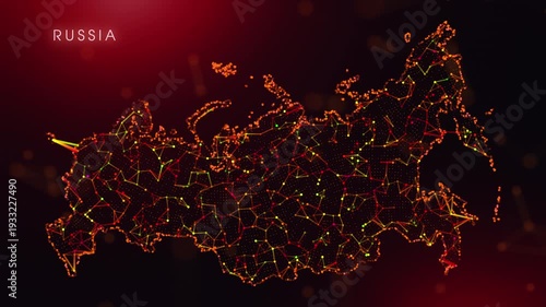 A dynamic motion video showcasing the Russia country border through a colorful plexus reveal. Glowing red and orange dots represent high-tech data communication and global digital networks.