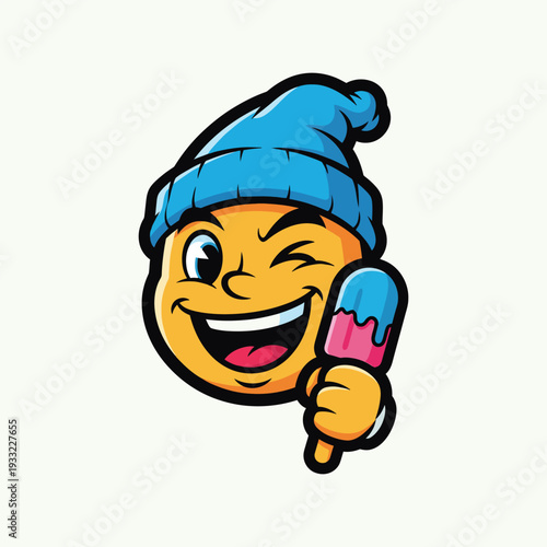 Happy winking emoji with blue beanie holding a melting popsicle, expressing joy and cool summer vibes with cartoon style