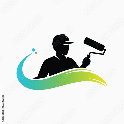Professional painter holding roller with abstract colorful wave representing cleaning or painting services on white background