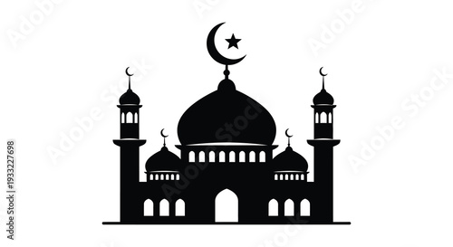A striking black silhouette of an islamic mosque with a crescent moon and star silhouette high quality professional
