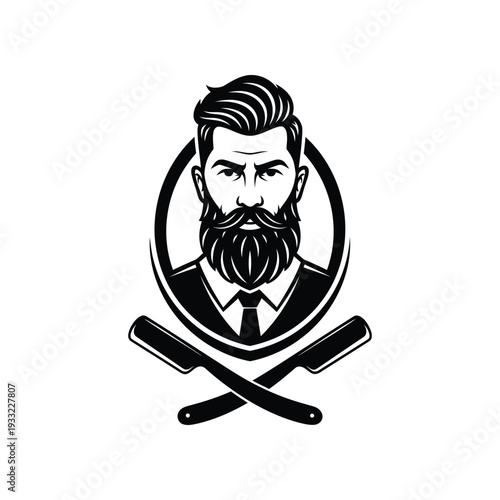 A distinguished gentleman with a stylish haircut and full beard, wearing a suit and tie, framed within an oval, with crossed straight razors below