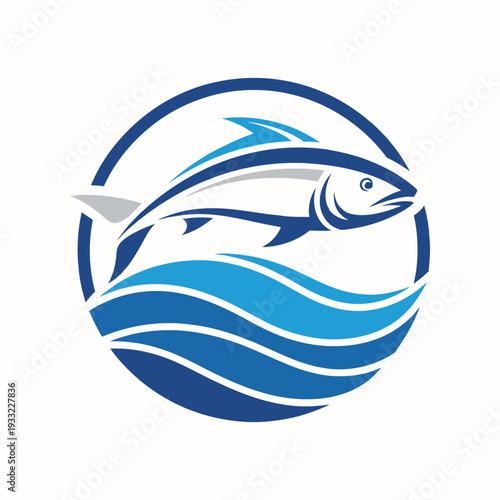 A dynamic blue fish with sleek silver fins leaps gracefully above wavy blue ocean water, all encapsulated within a bold circular frame design