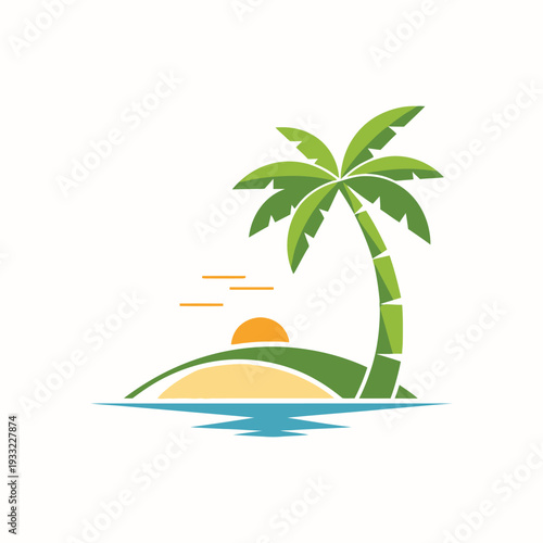 A vibrant tropical island scene features a lush green palm tree standing tall on sandy beach, with serene blue ocean waves gently lapping shore