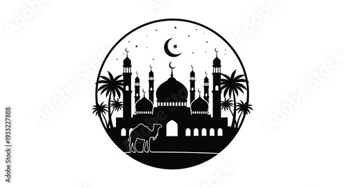 A striking circular design showcases a mosque palm trees a camel and a crescent moon silhouette high quality