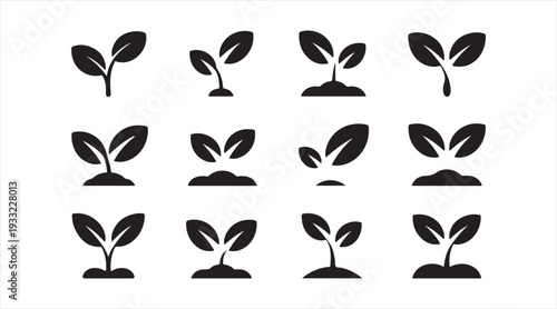 Seedling sprout silhouettes showing plant growth stages isolated botanical icon collection