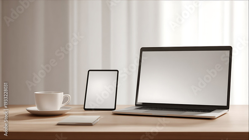 Laptop and tablet on a wooden desk with a cup of coffee in a modern home office setting with natural light