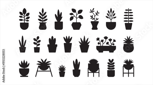 Indoor plant silhouettes set with decorative pots and foliage minimalist botanical illustration