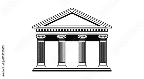 Stylized classical architecture silhouette, black and white illustration of building with columns and pediment, heritage, museum or courthouse concept, minimalist vector design isolated.