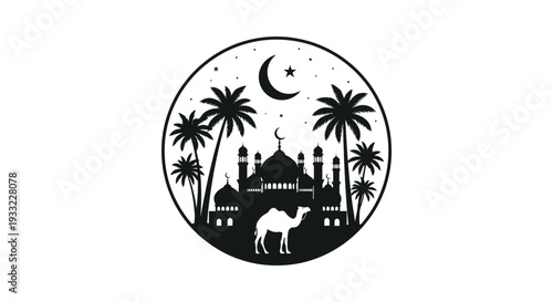 A striking black silhouette displays palm trees a crescent moon mosque and camel silhouette high quality professional detailed