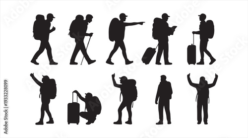 Collection of traveler silhouettes walking hiking and carrying luggage for travel and adventure themes