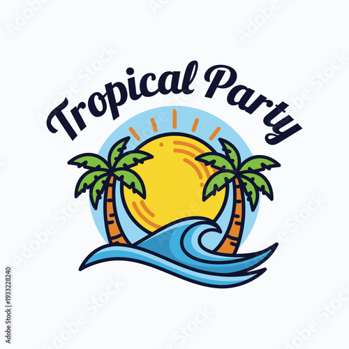 Tropical party summer beach event poster with sunset ocean waves and palm trees illustration for vacation travel agency seaside resort tourism destination and leisure activities