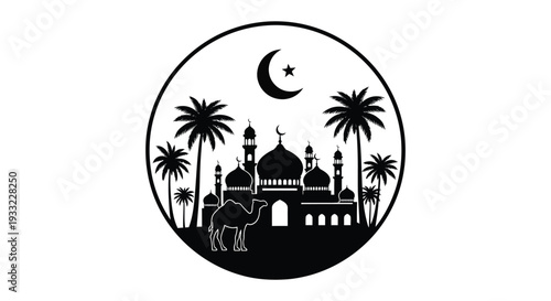 A striking black silhouette depicts a mosque palm trees camel and crescent moon within a circular frame silhouette