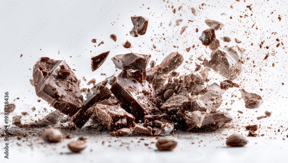 Fototapeta premium Exploding Chocolate - Dynamic Fragmentation of Dark Chocolate Pieces in Mid-Air.