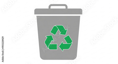 Recycling bin with green recycling symbol on gray container on transparent background