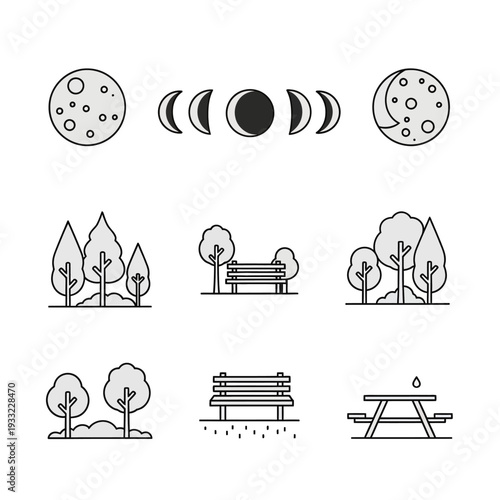 Minimalist line art icons depicting moon phases trees and park benches