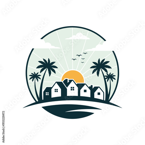 Sunburst coastal housing logo with palm trees and modern residential silhouettes in circular frame for tropical community branding or beachfront property development company design