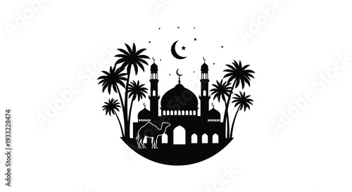 A striking black silhouette depicts a mosque palm trees a camel and a crescent moon silhouette high quality