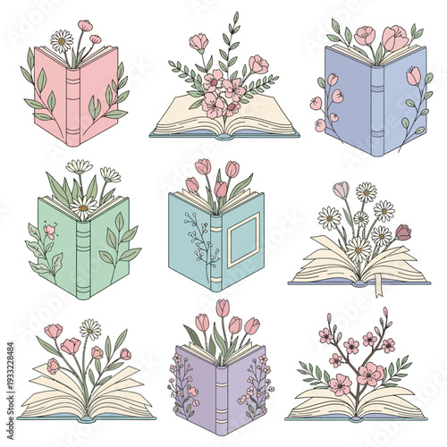 Floral books a collection of illustrated open books with blossoming plants
