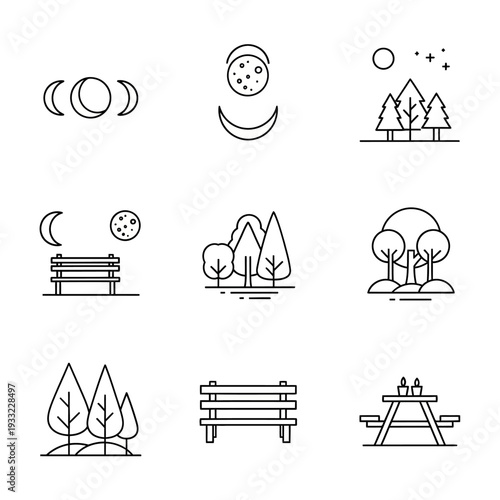 Minimalist line art icons depicting nature camping and outdoor scenes