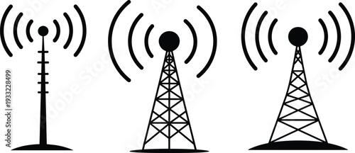 Wireless communication towers, antenna signal icons, black silhouette vector illustration, radio transmission, network broadcast, data signal technology concept design