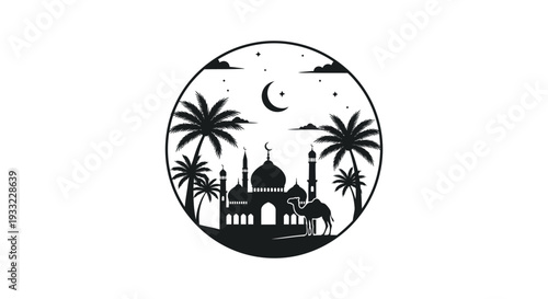 A striking black silhouette depicts a crescent moon palms mosque camel and desert landscape silhouette high quality professional
