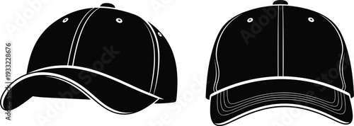 Two Black Silhouettes of Baseball Caps on White Background headwear head covering