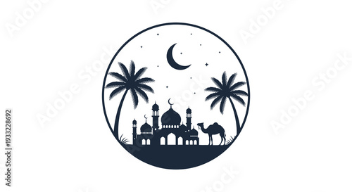 A striking circular design portrays a desert landscape with palm trees a mosque and a camel silhouette