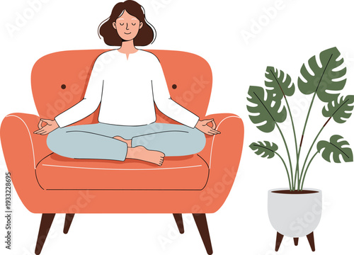 Woman meditating on chair in peaceful home environment, practicing mindfulness and yoga indoors, flat vector illustration for relaxation, mental health, wellness, calm lifestyle balance