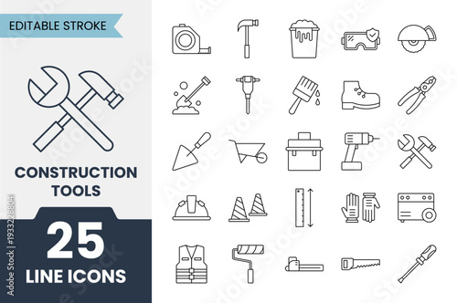 Construction tools line icons set with editable stroke. Contains icons related to toolbox, shovel, hammer, drill, saw, wrench and more. Vector illustration