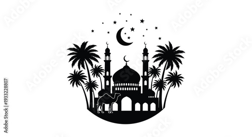 A striking black silhouette depicts a mosque palm trees a camel and a crescent moon under starry skies silhouette