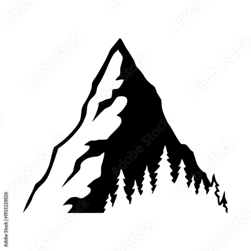 Black mountain, hill and rock silhouette. Vector rocky range and ridge with snow peaks and tops. Mountain nature landscape silhouette, hiking sport, tourism, outdoor adventure and camping themes
