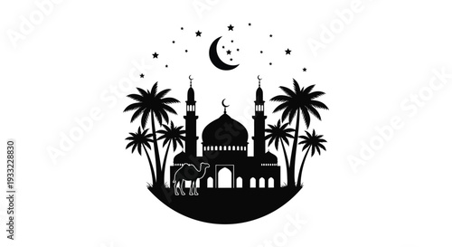 A serene nighttime scene showcasing a mosque palm trees and a camel all in silhouette high quality professional