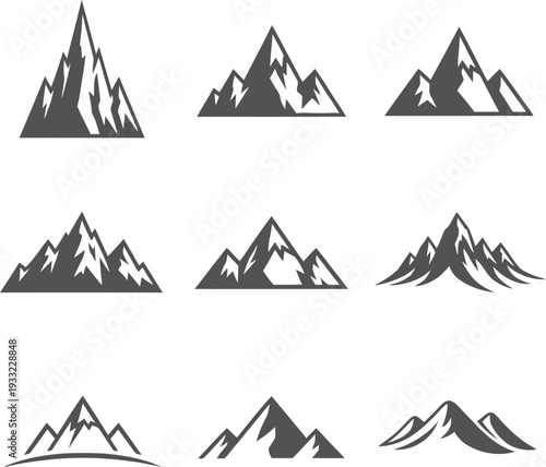 Collection of diverse mountain range silhouettes