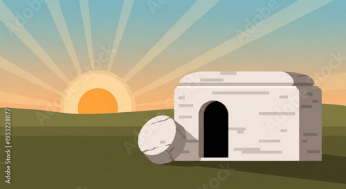 Tomb with rolled away stone on transparent background at sunrise on transparent background