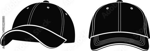 Two black silhouettes of baseball caps, one angled and one front view black and white