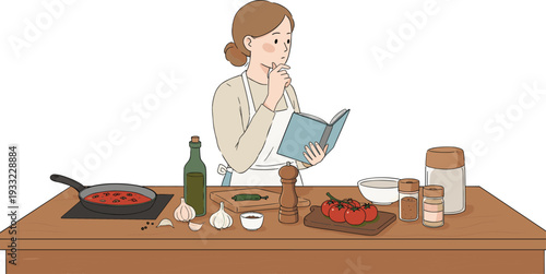 Woman cooking in a kitchen, reading a recipe book while preparing a meal, tomatoes, garlic, and spices on the counter, cooking concept, modern home kitchen, healthy cooking