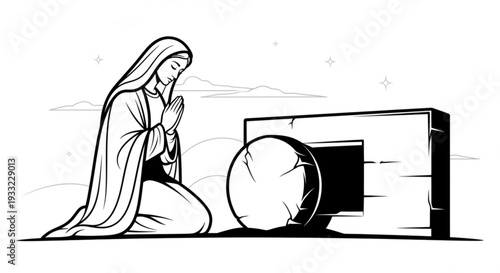 Woman kneeling in prayer beside an ancient stone tomb on transparent background