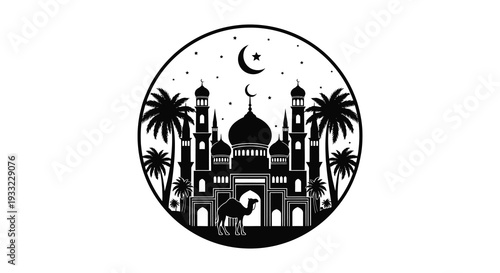 A striking black silhouette depicts a crescent moon mosque palm trees and camel representing islamic culture silhouette