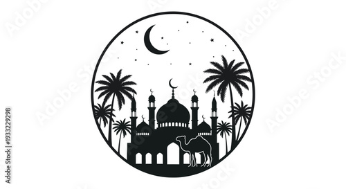 A striking circular design depicting a mosque palms camel and crescent moon silhouette high quality professional detailed modern