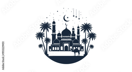 A striking depiction of a mosque palm trees and a camel under a crescent moon a beautiful silhouette