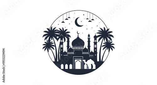 A striking black silhouette depicts a mosque palms crescent moon and stars evoking islamic culture silhouette high quality